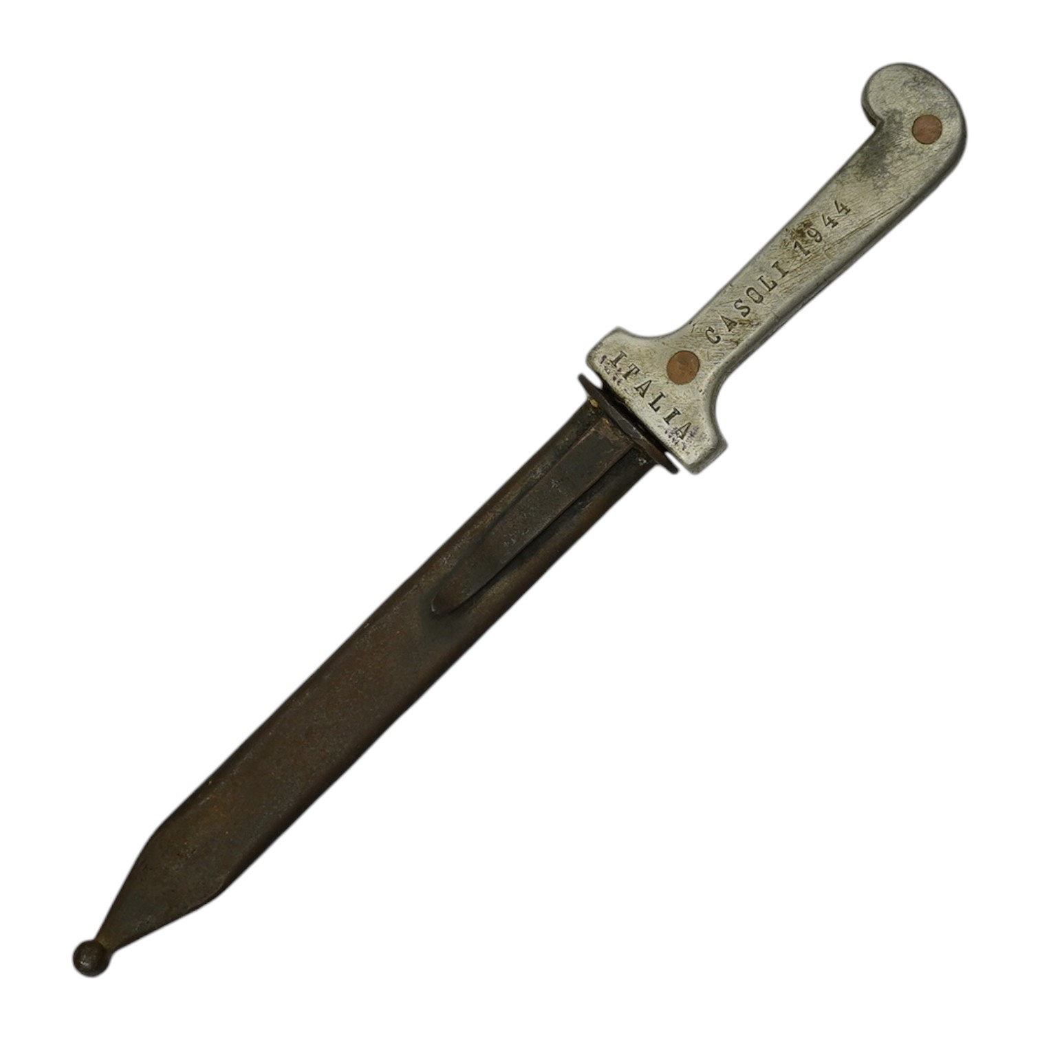 An Italian dagger, aluminium grips stamped Italia Casoli 1944, in its steel sheath, blade 16.5cm. Condition - fair